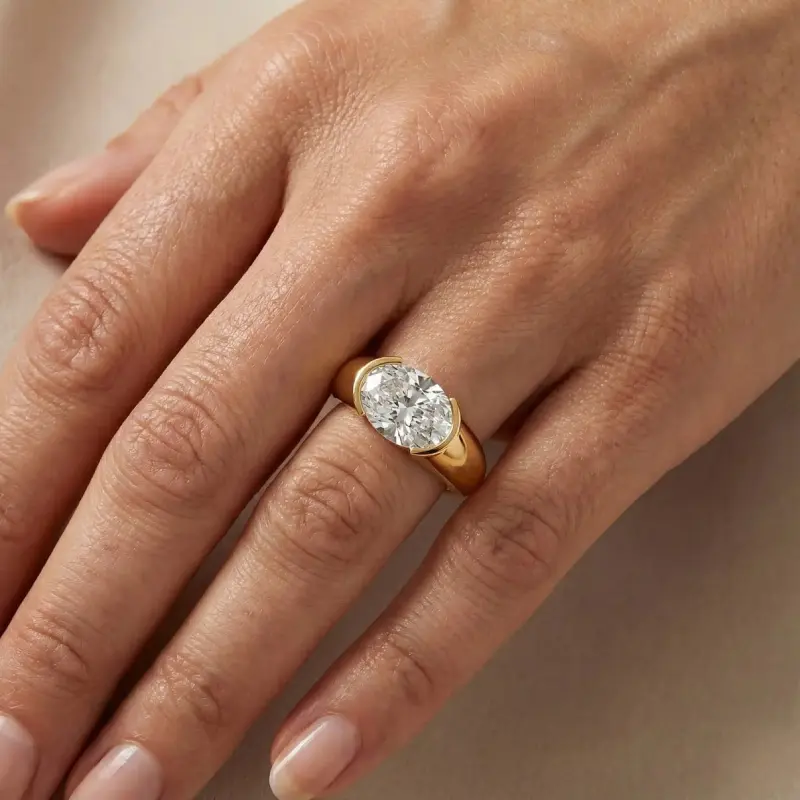 Half Bezel Oval Moissanite Engagement Ring
