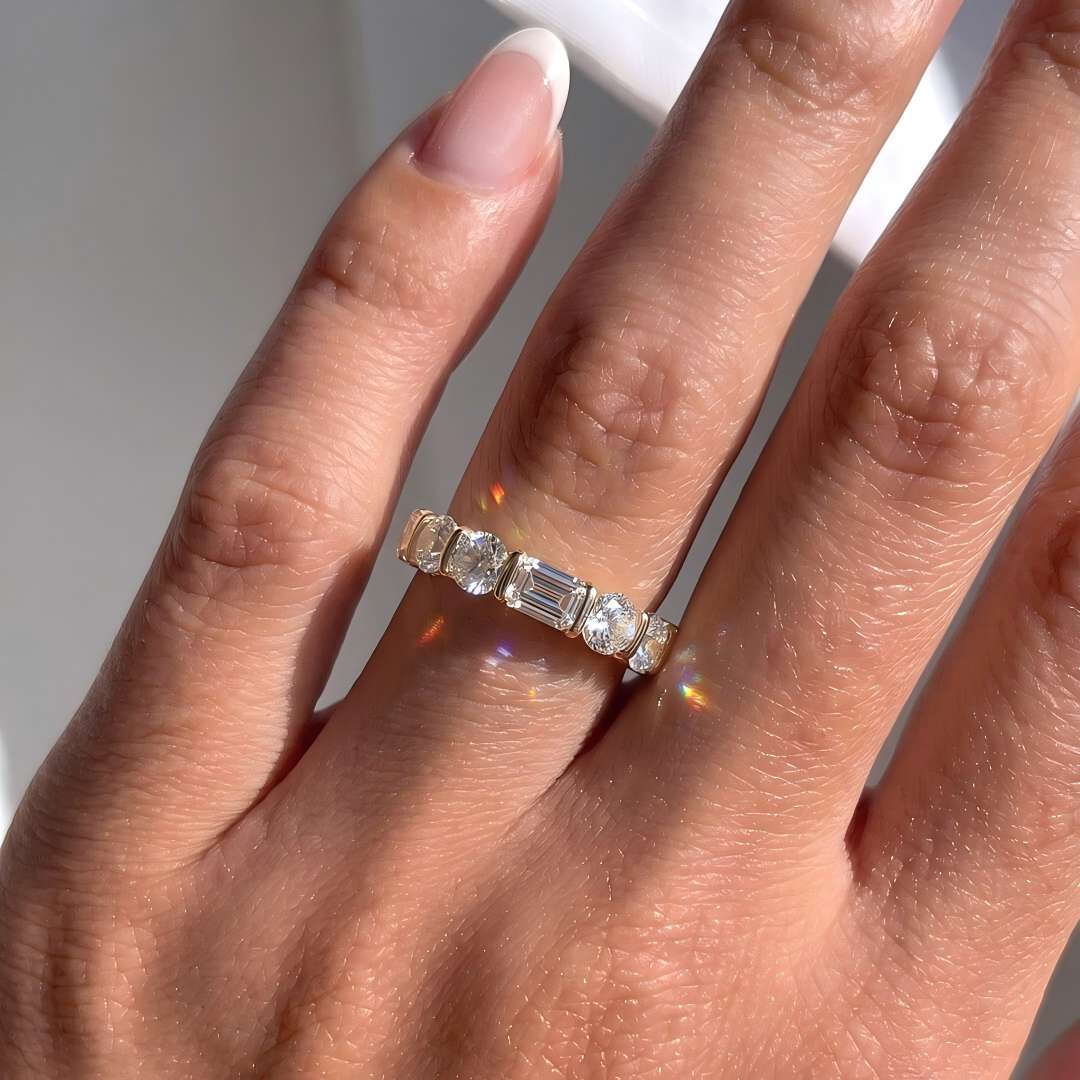 Emerald&Round Eternity Moissanite Ring