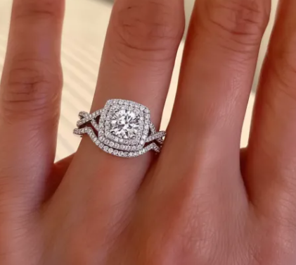 Customized Stackable Double Halo Round Moissanite Ring Set Silver Ring