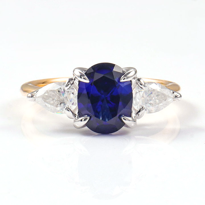 Three Stones Oval Sapphire Engagement Ring with Pear Moissanite