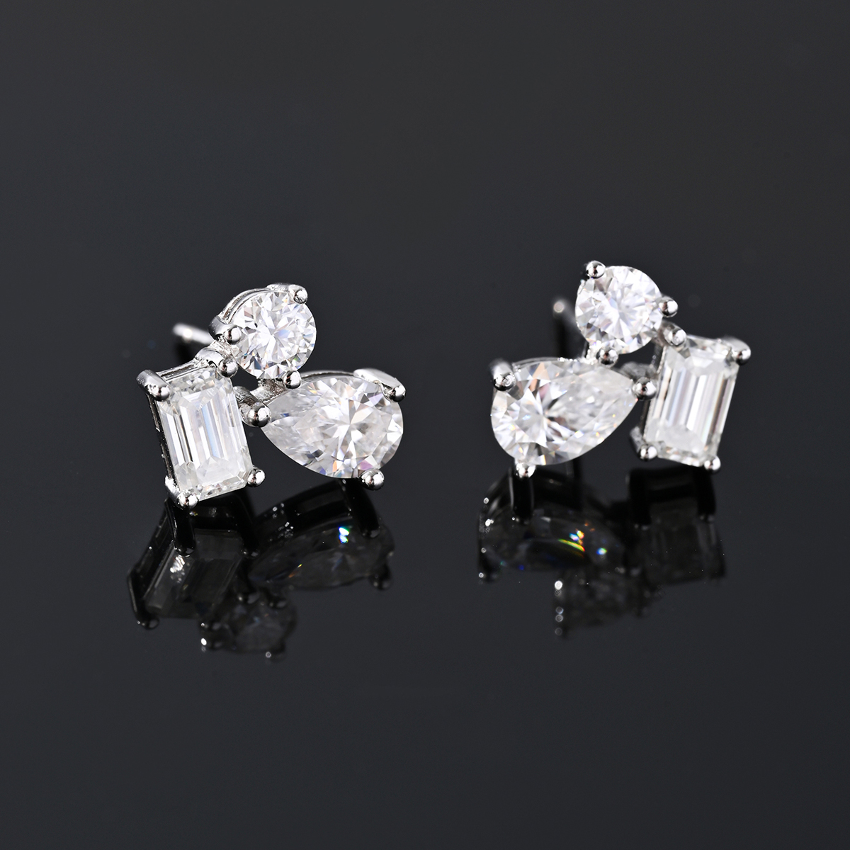 Three-Stone Cluster Moissanite Stud Earrings