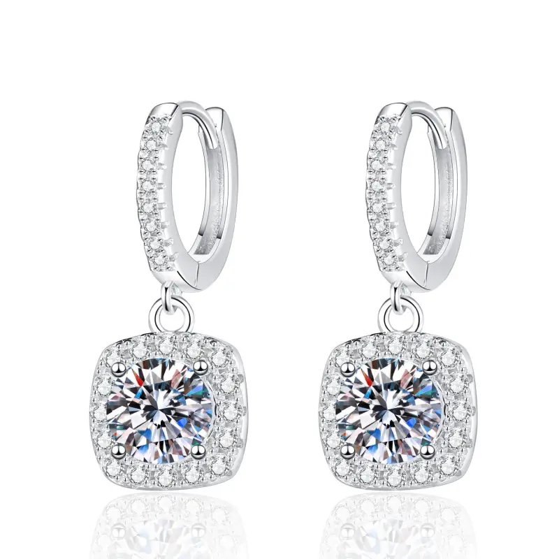 Square Halo Moissanite Drop Earrings