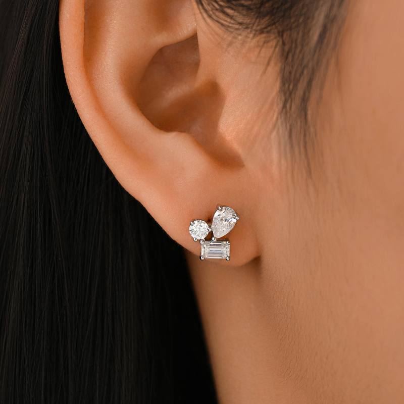 Three-Stone Cluster Moissanite Stud Earrings