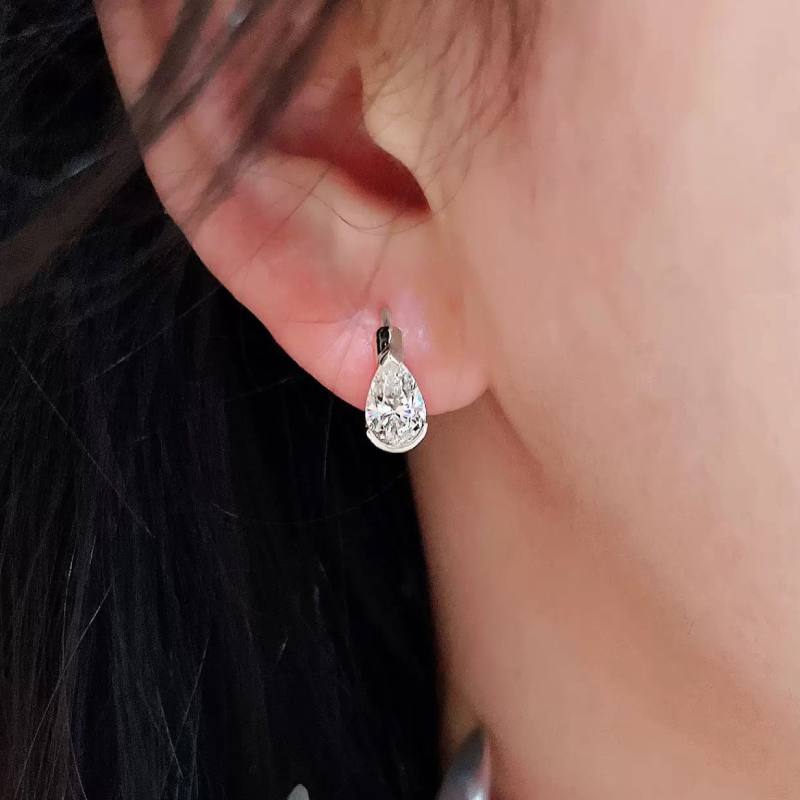 Half Bezel Pear Moissanite Hoop Earrings