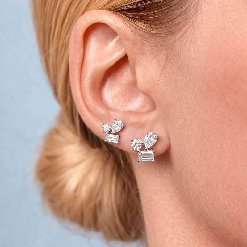 Three-Stone Cluster Moissanite Stud Earrings