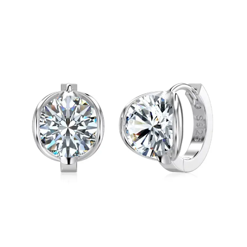 Half Bezel Round Moissanite Hoop Earrings