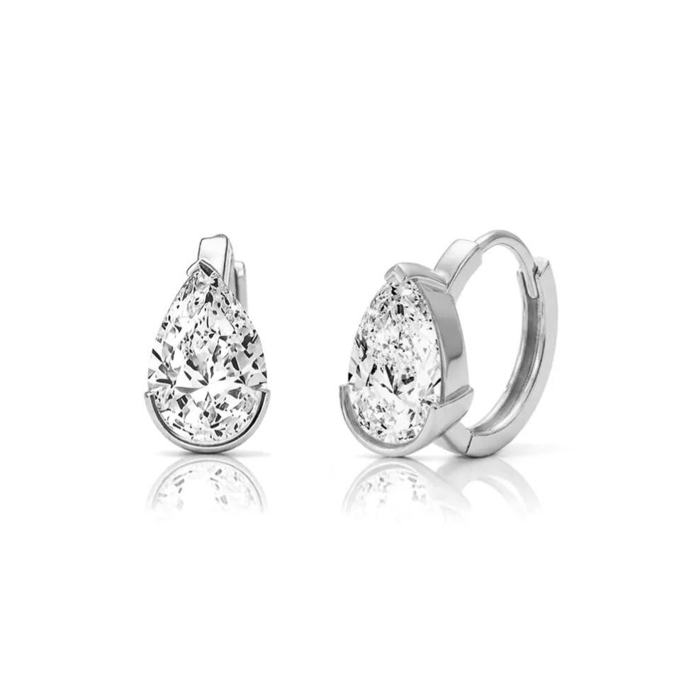 Half Bezel Pear Moissanite Hoop Earrings