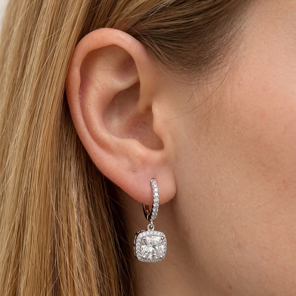 Square Halo Moissanite Drop Earrings