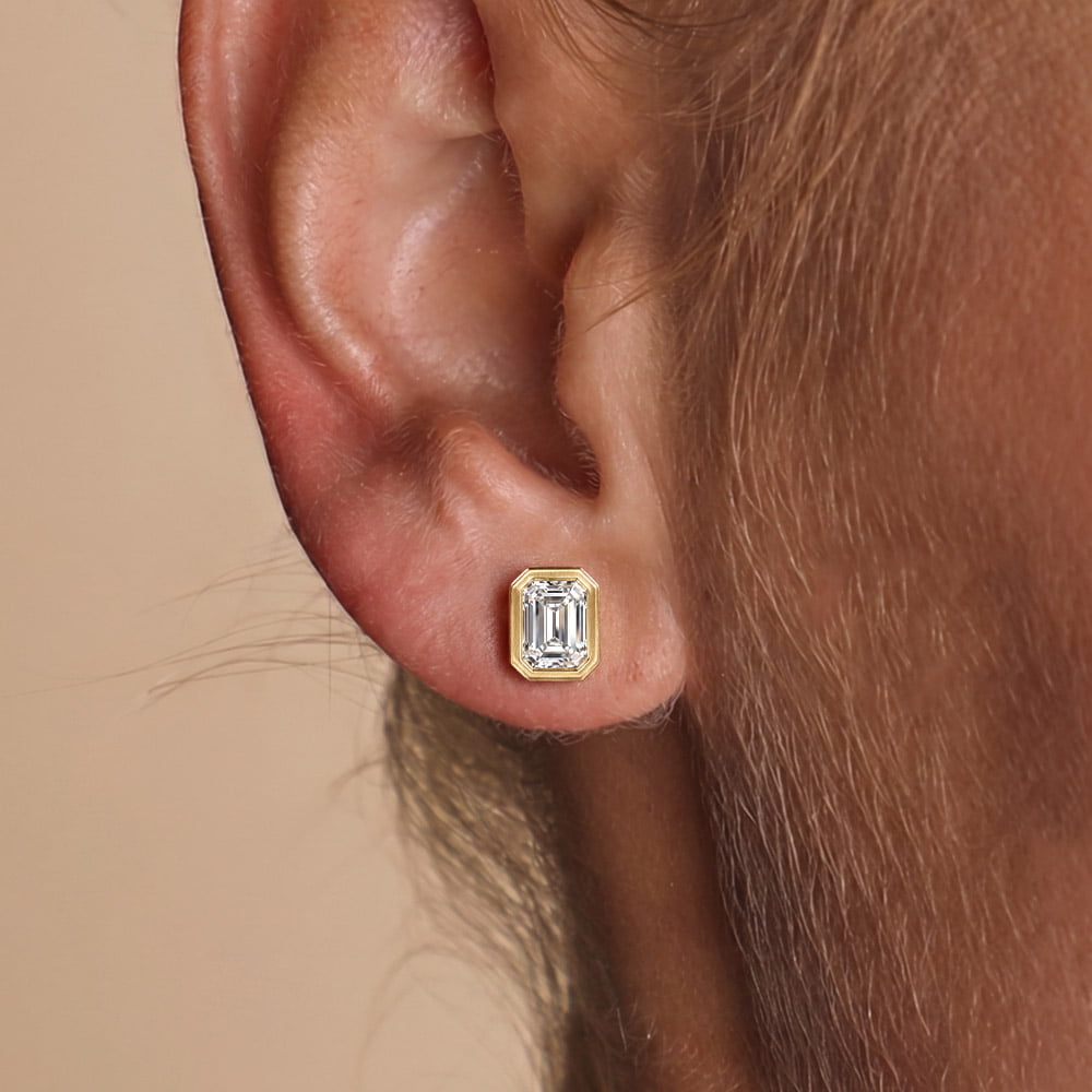 Bezel Emerald Moissanite Stud Earrings
