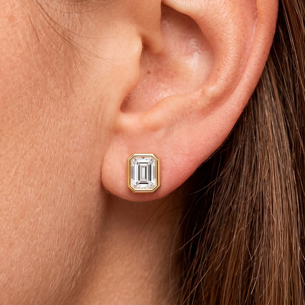 Bezel Emerald Moissanite Stud Earrings
