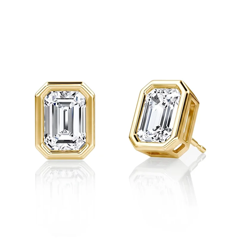 Bezel Emerald Moissanite Stud Earrings