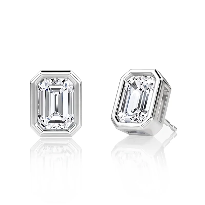 Bezel Emerald Moissanite Stud Earrings
