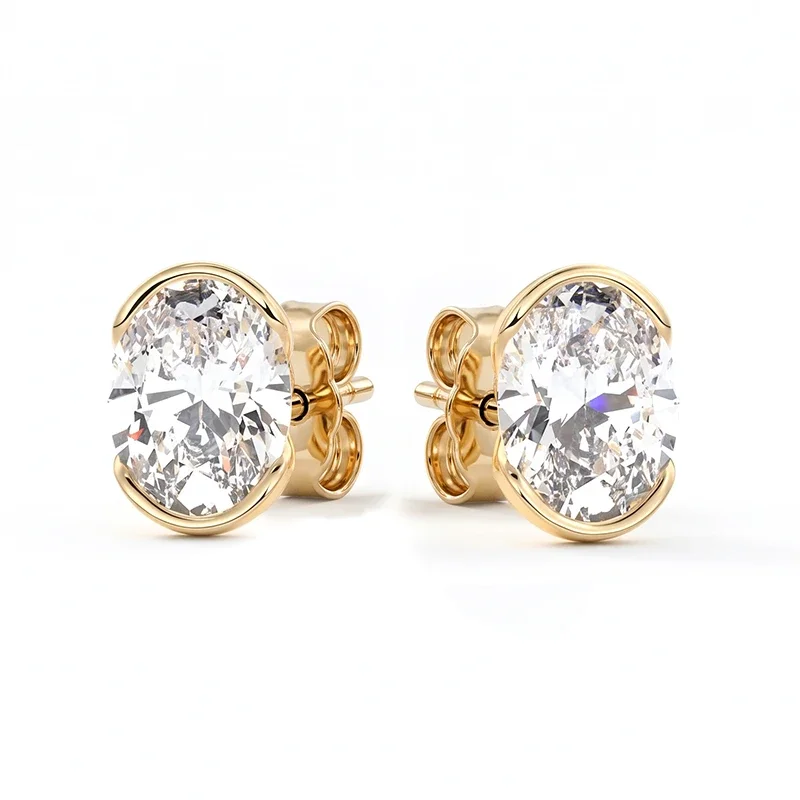 Half Bezel Oval Moissanite Stud Earrings