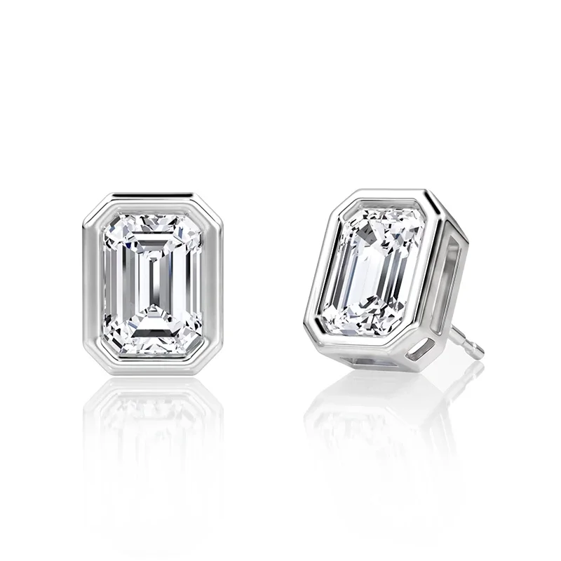 Bezel Emerald Moissanite Stud Earrings