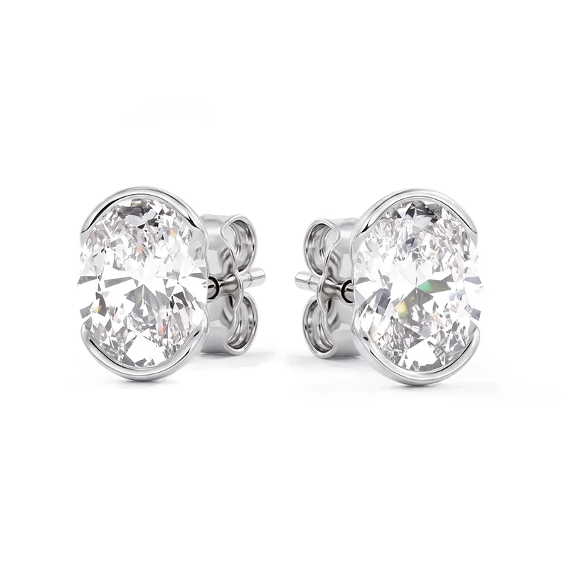 Half Bezel Oval Moissanite Stud Earrings