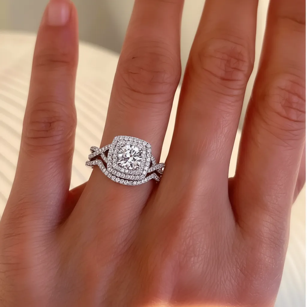 Customized Stackable Double Halo Round Moissanite Ring Set