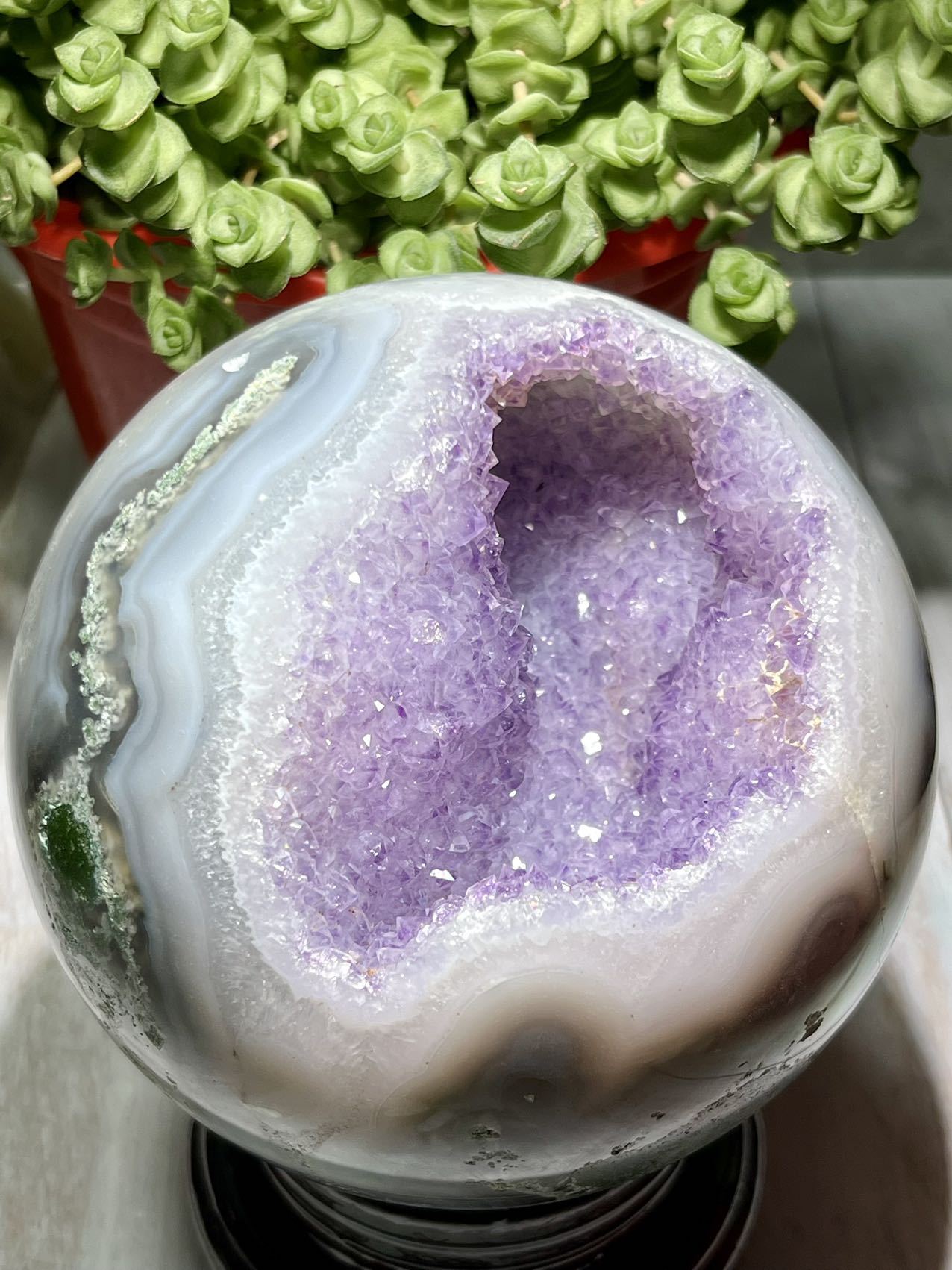 100% big natural amethyst moss agate sphere