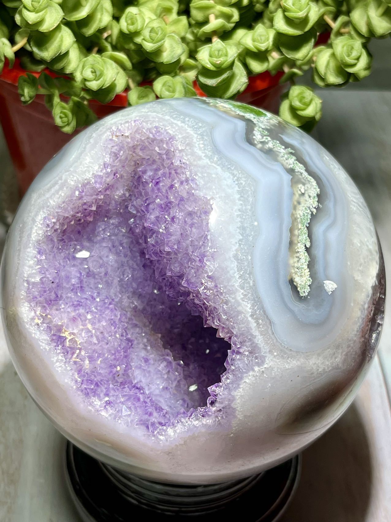 100% big natural amethyst moss agate sphere