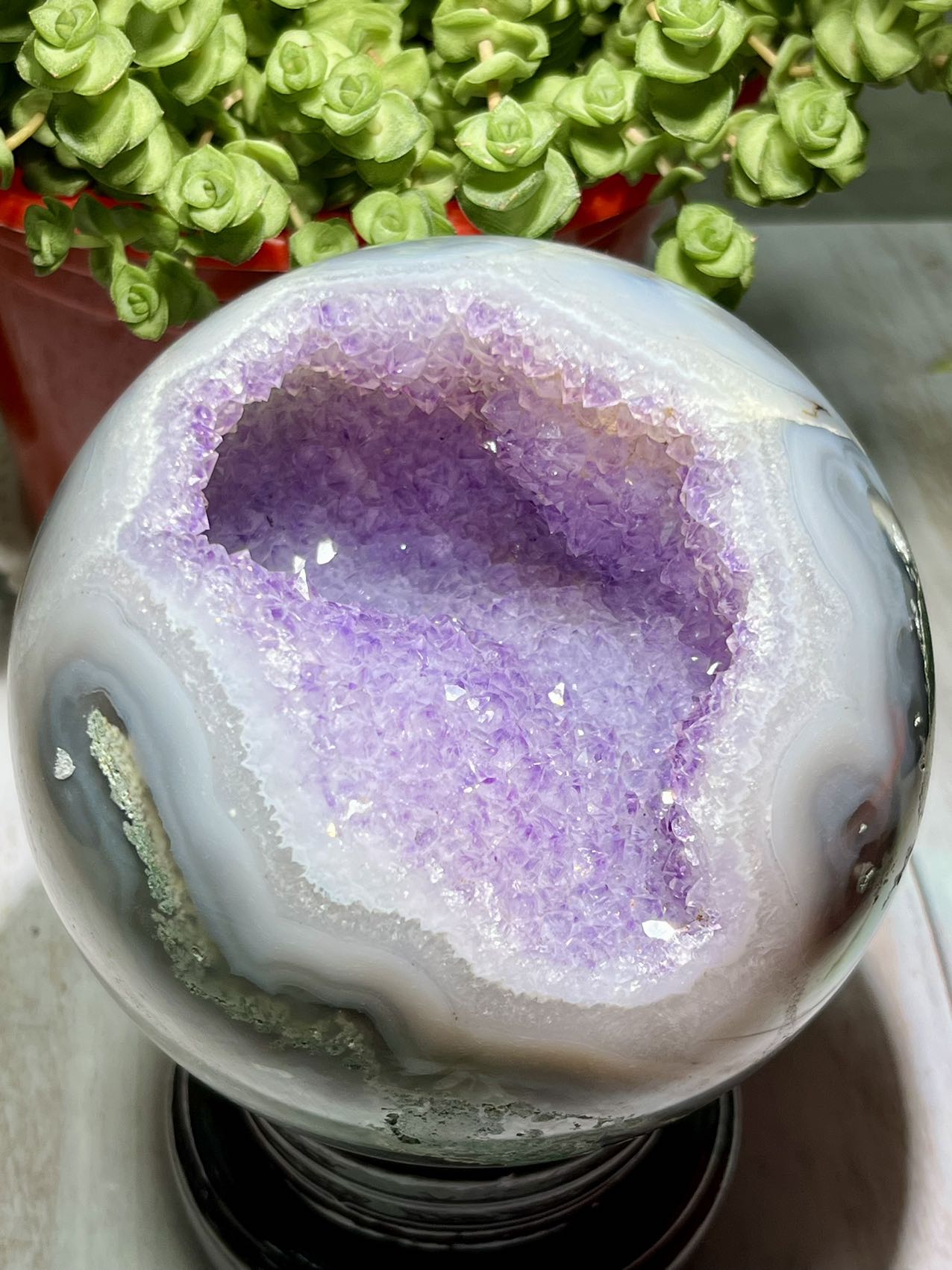 100% big natural amethyst moss agate sphere