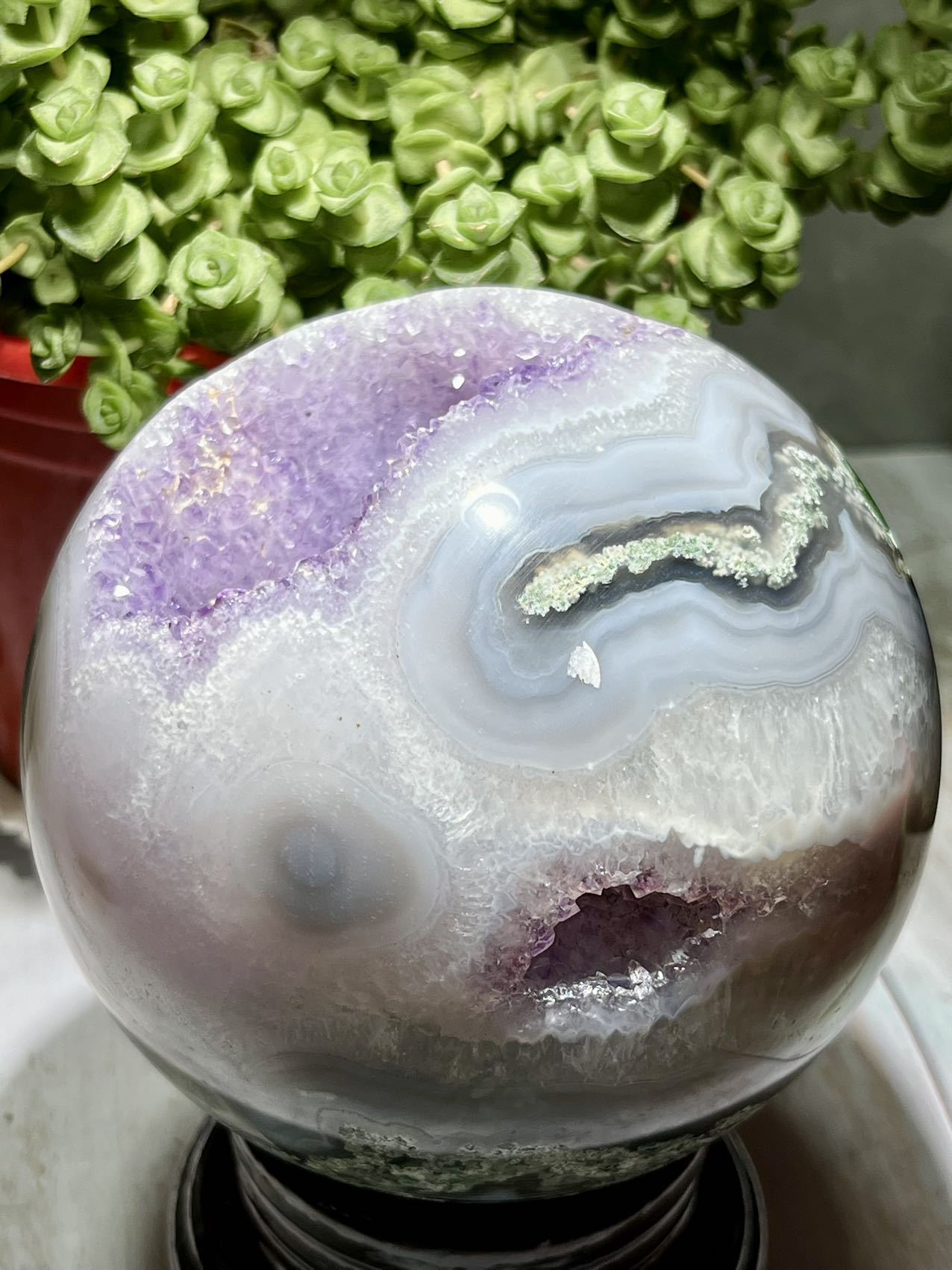 100% big natural amethyst moss agate sphere