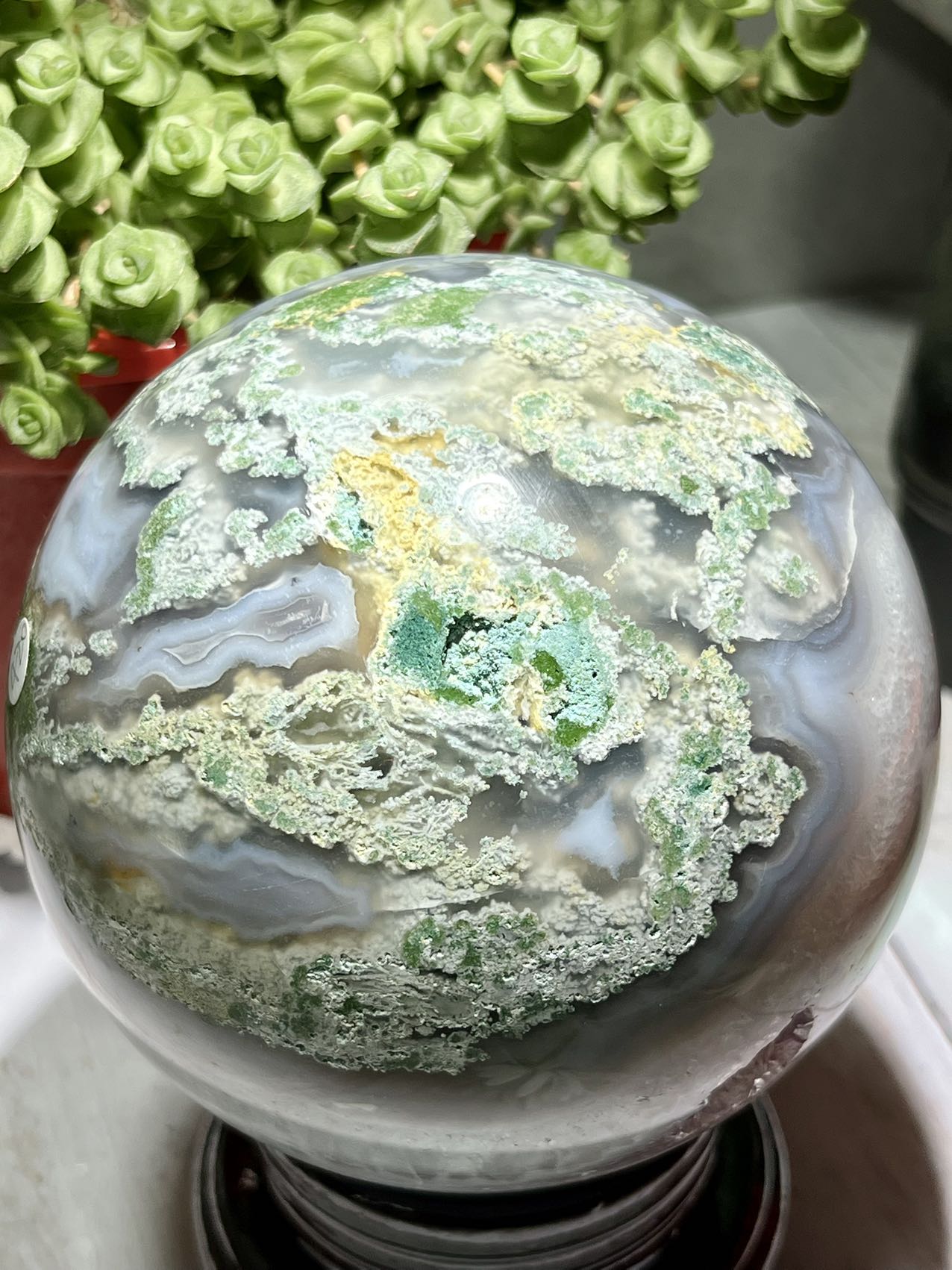 100% big natural amethyst moss agate sphere