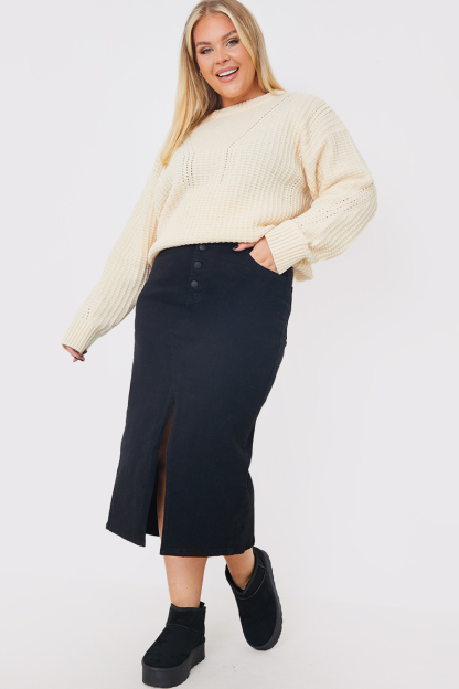 Split Hem Denim Midi Skirt