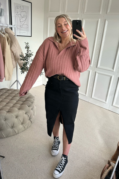 Split Hem Denim Midi Skirt