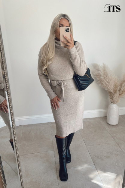 Knitted Roll Neck Belted Jumper Midaxi Dress