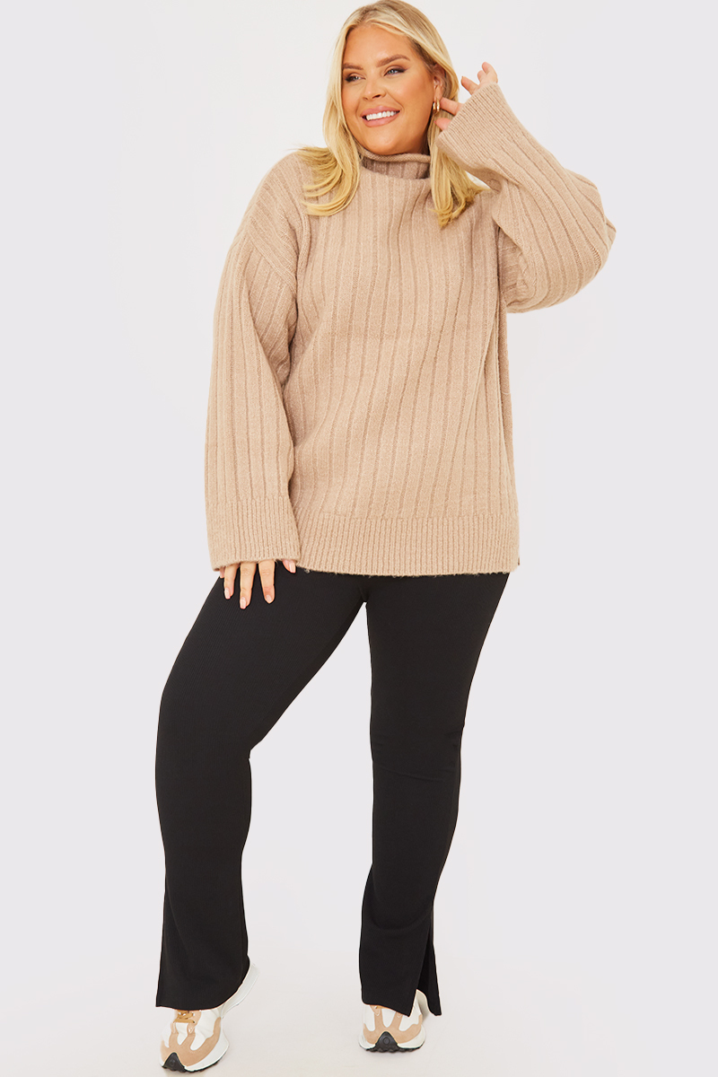Wide Rib High Neck Longline Knitted Jumper