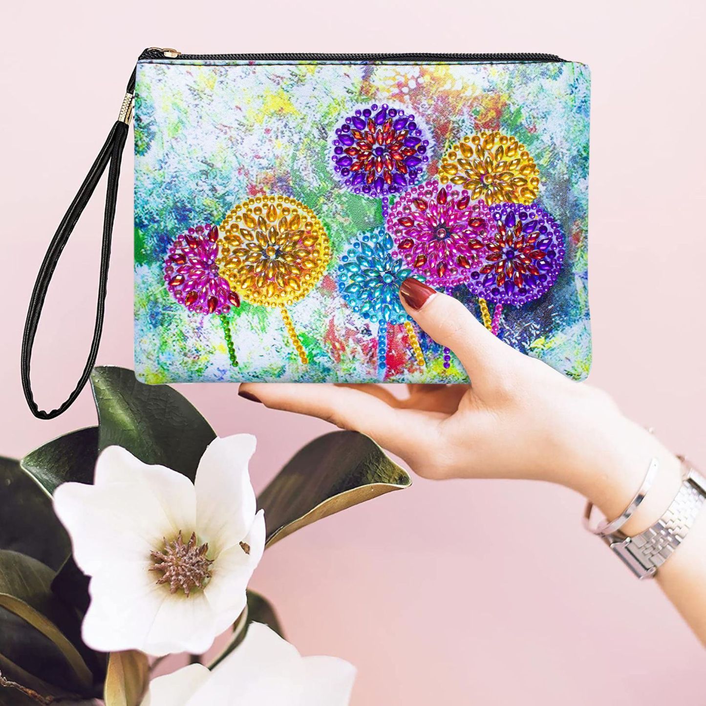 Cross mirror 5D DIY Diamond Painting Handbag Makeup Bag, Dandelion Style Handmade Diamond Art Craft Bag