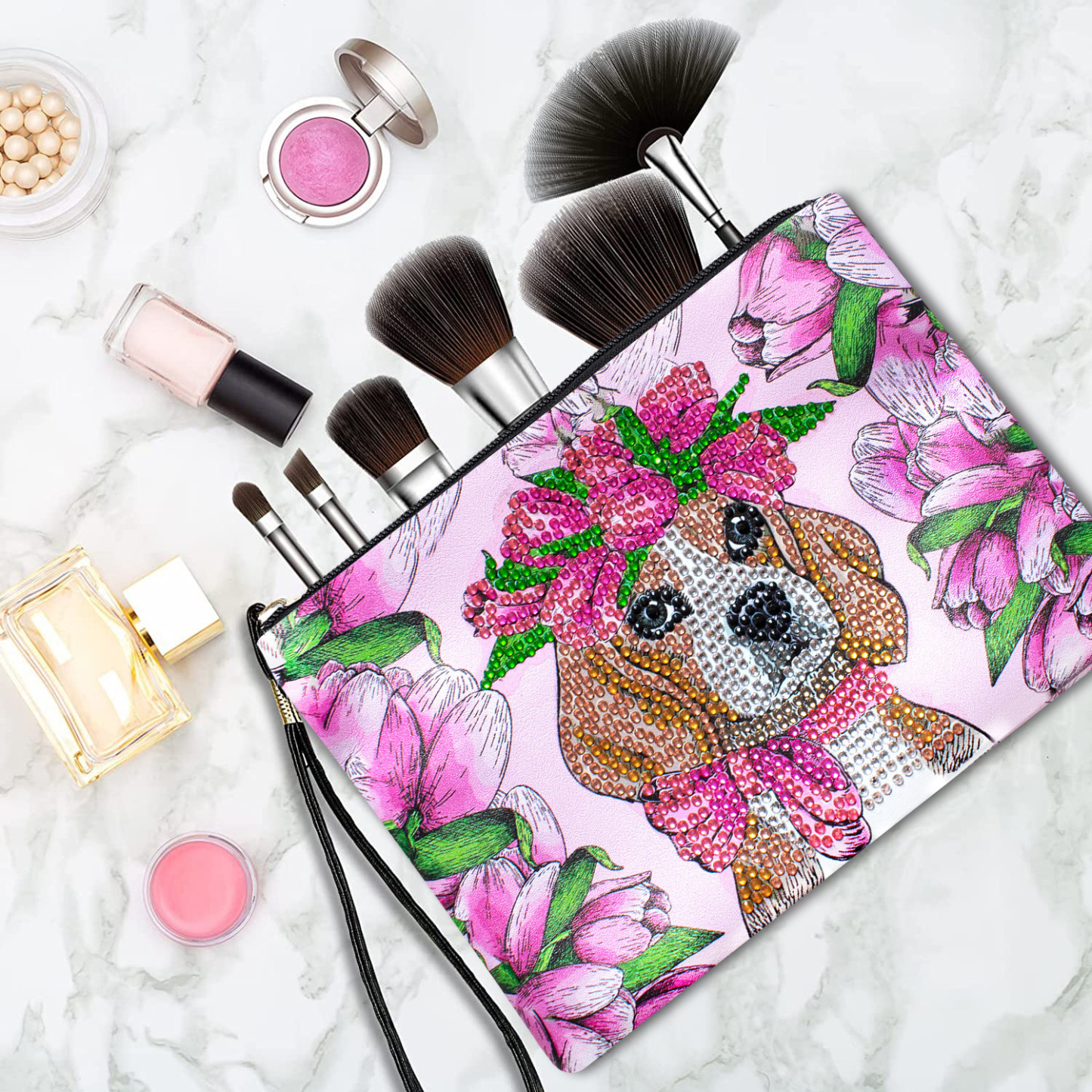 1 piece 5D DIY diamond painted handbag makeup bag, dog style handmade diamond art craft bag