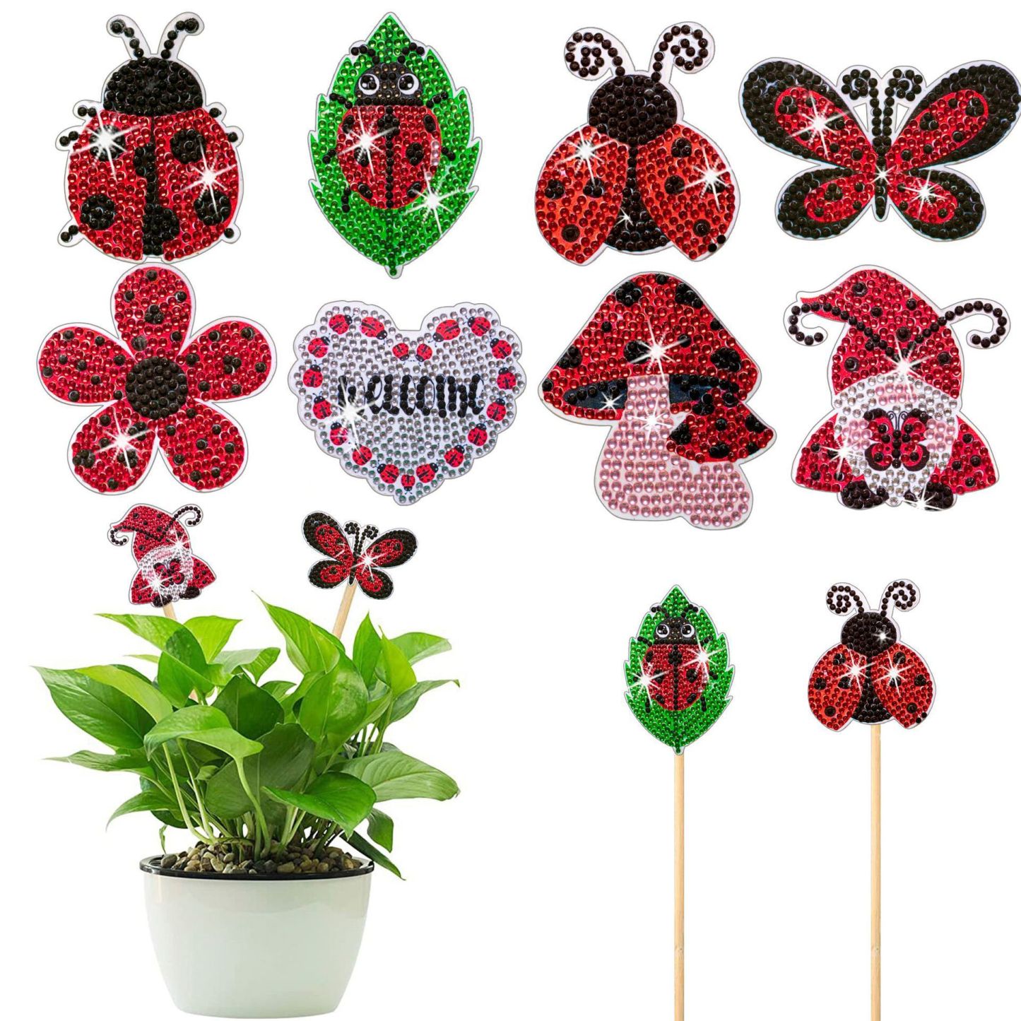 8 pieces DIY Diamond Painting Simulation Ladybug Diamond Stickers Ladybug Flower Arrangement Pottery Decoration Stick in Stock Set