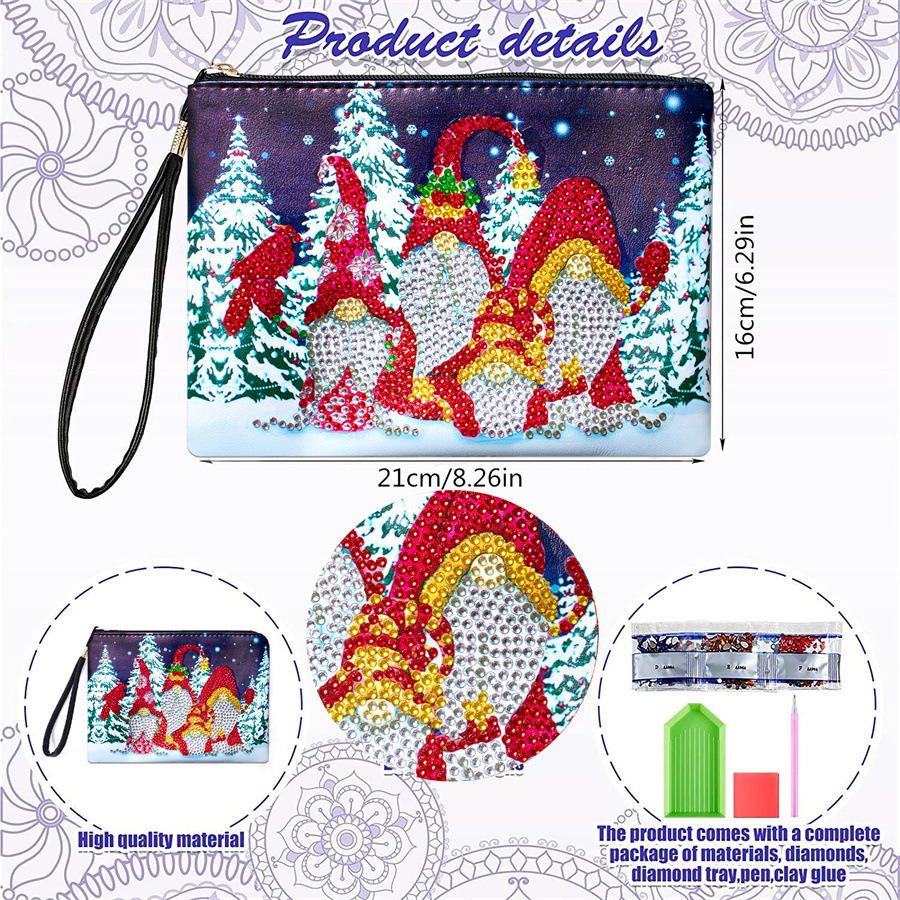 1 piece of 5D DIY diamond painted handbag makeup bag, Christmas themed handmade diamond art craft bag