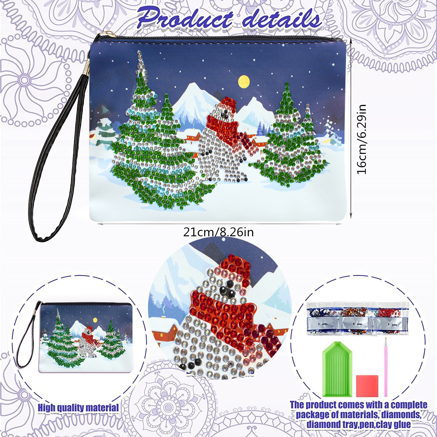 Cross Mirror 1 piece 5D DIY Diamond Painting Handbag Makeup Bag, Christmas Style Handmade Diamond Art Craft Bag
