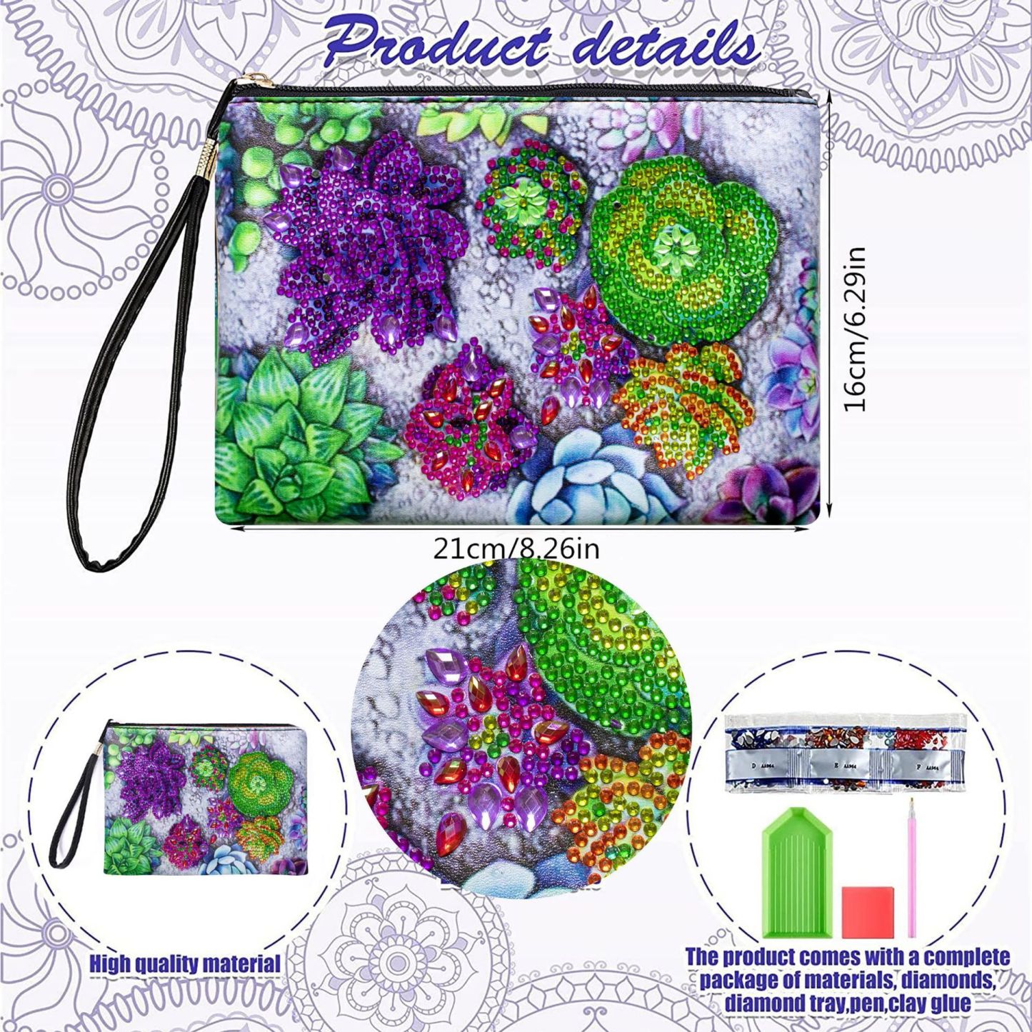 Cross mirror e-commerce fully hosted 5D diamond painting and painting handbag, makeup bag, succulent plant themed art craft bag