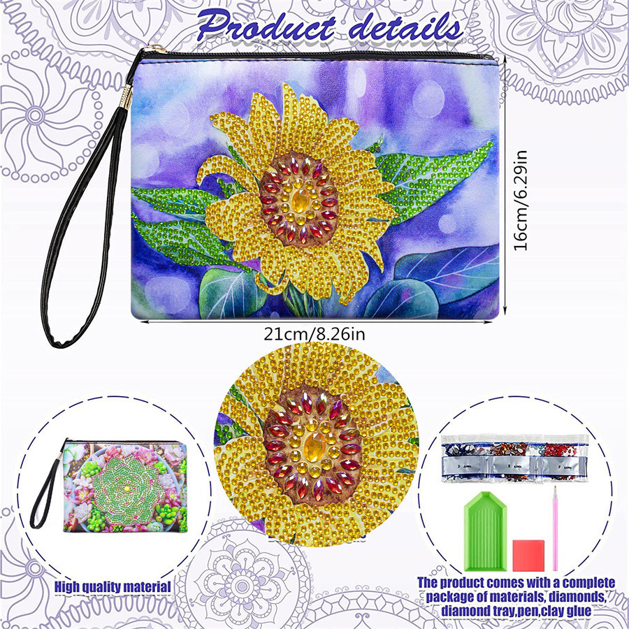 1 piece 5D DIY diamond painted handbag makeup bag, sunflower style handmade diamond art craft bag