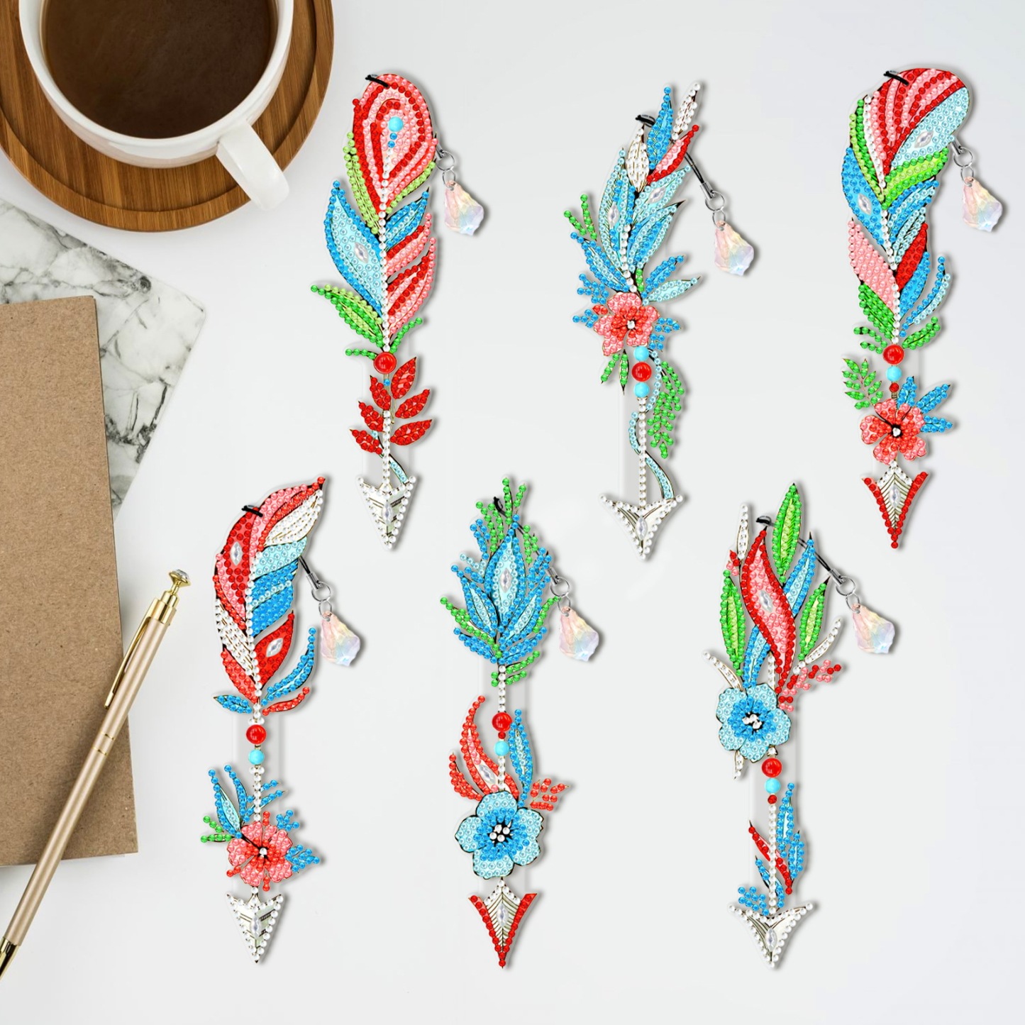 Diamond painting bookmark wholesale PET thin 5D feather cross crystal pendant DIY handmade diamond decoration pendant