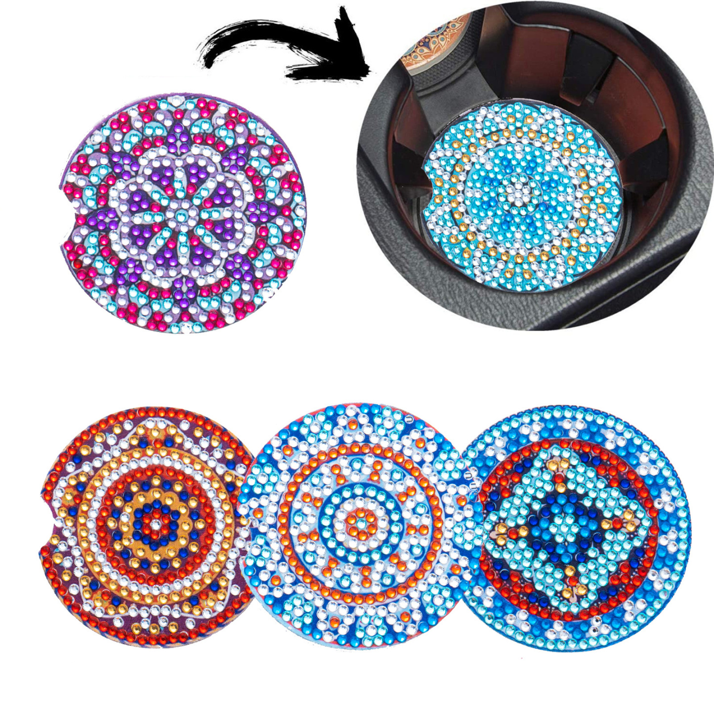 Cross mirror e-commerce 6-piece DIY crystal sparkling diamond mandala pattern acrylic single-sided coaster with cork pad