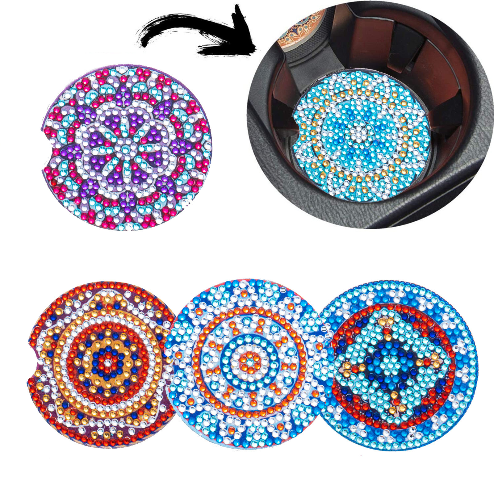 Cross mirror e-commerce 6-piece DIY crystal sparkling diamond mandala pattern acrylic single-sided coaster with cork pad