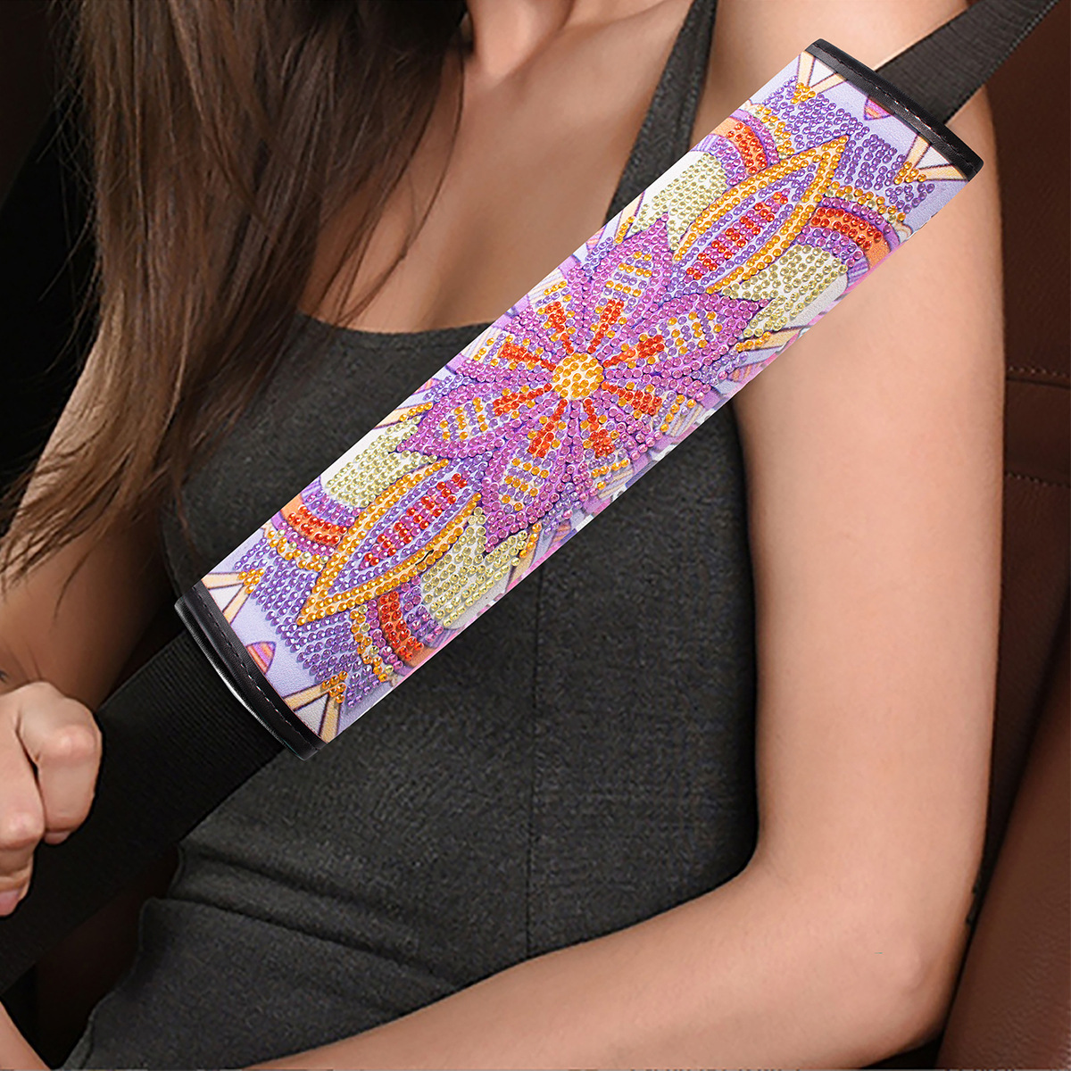 Cross mirror 2 handmade crafts painting car seat belt cushion decoration DIY seat belt protector Mandala style