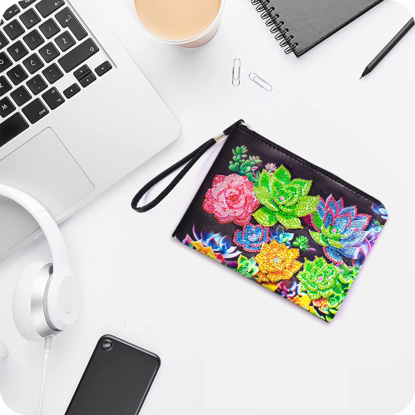 1 piece 5D DIY diamond painted handbag makeup bag, black succulent style handmade diamond art craft bag