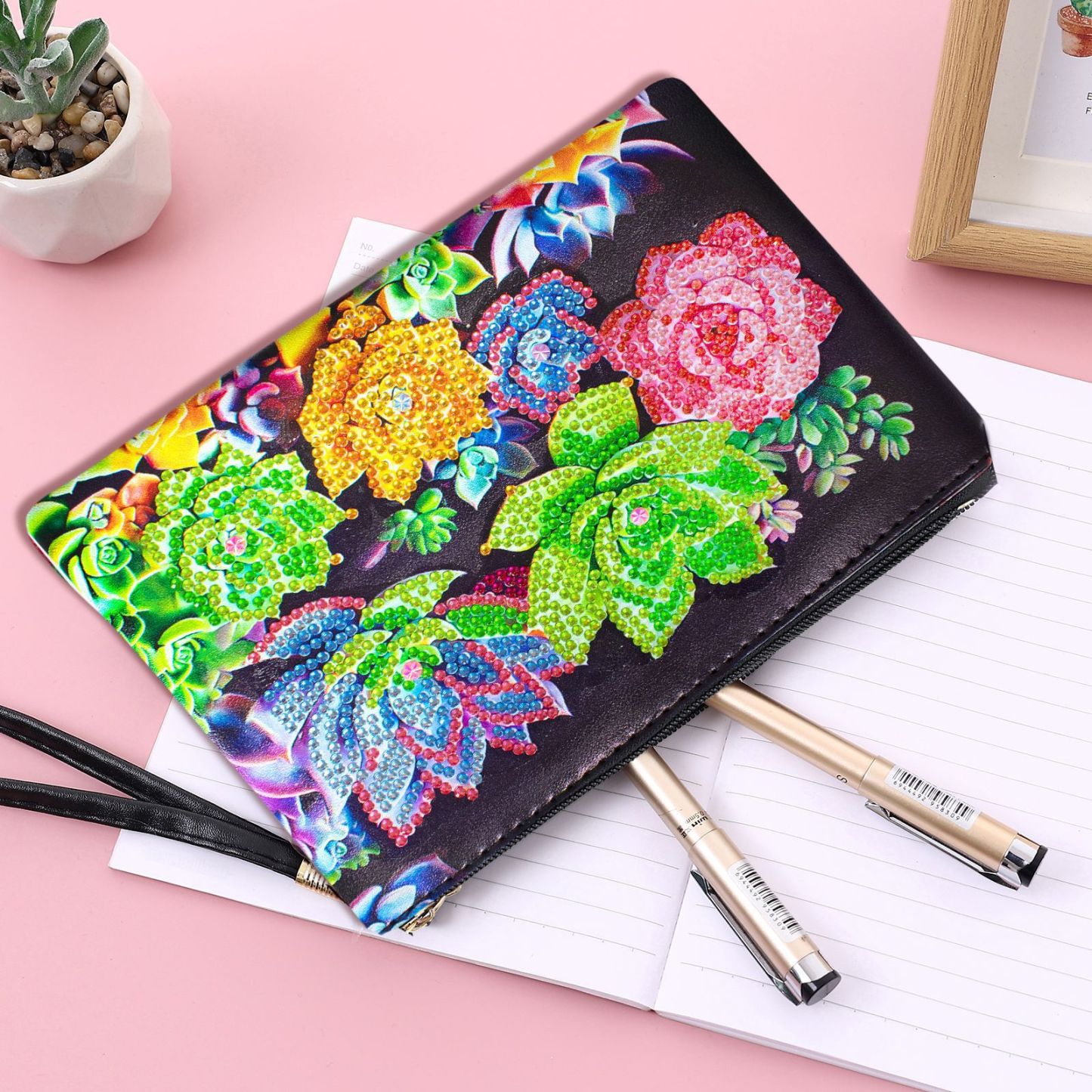 1 piece 5D DIY diamond painted handbag makeup bag, black succulent style handmade diamond art craft bag