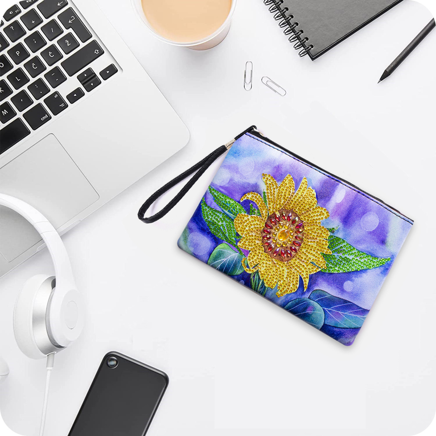 1 piece 5D DIY diamond painted handbag makeup bag, sunflower style handmade diamond art craft bag