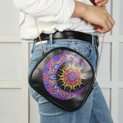 Cross Mirror Creative 5D DIY Diamond Painting Shoulder Chain Round Bag with Zipper, Moon Style