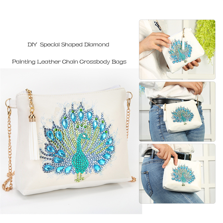 Cross mirror e-commerce 1 creative 5D DIY diamond painting shoulder chain bag with zipper, peacock style