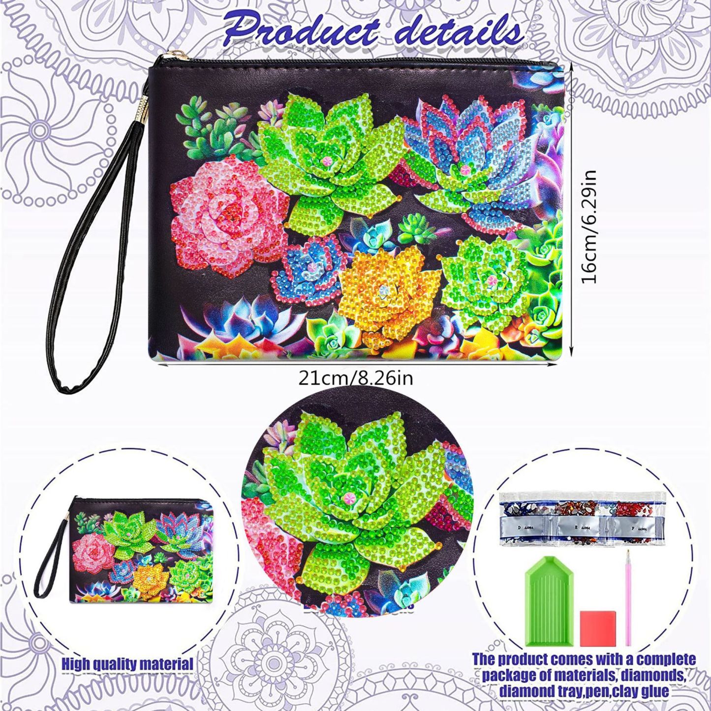 1 piece 5D DIY diamond painted handbag makeup bag, black succulent style handmade diamond art craft bag