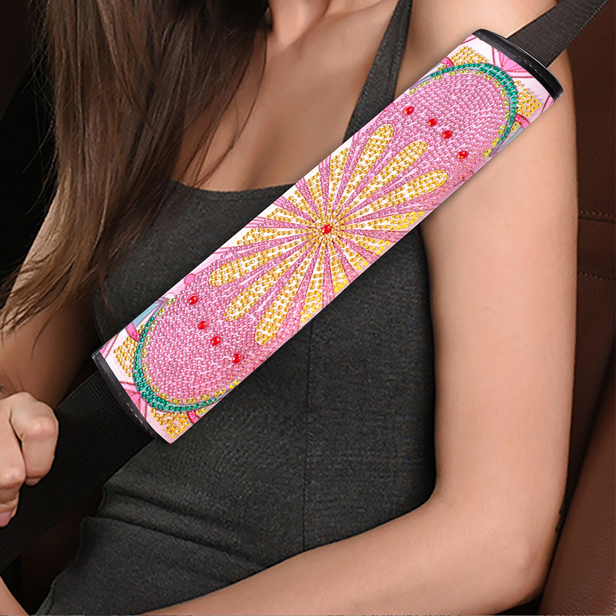 Cross mirror 2 handmade crafts painting car seat belt cushion decoration DIY seat belt protector mandala