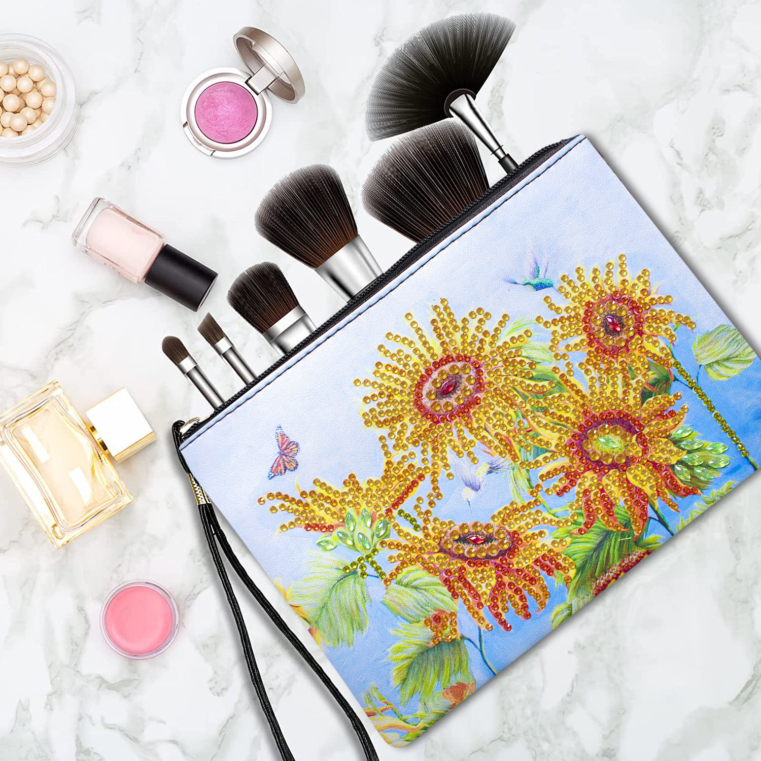 1 piece 5D DIY diamond painted handbag makeup bag, sunflower style handmade diamond art craft bag