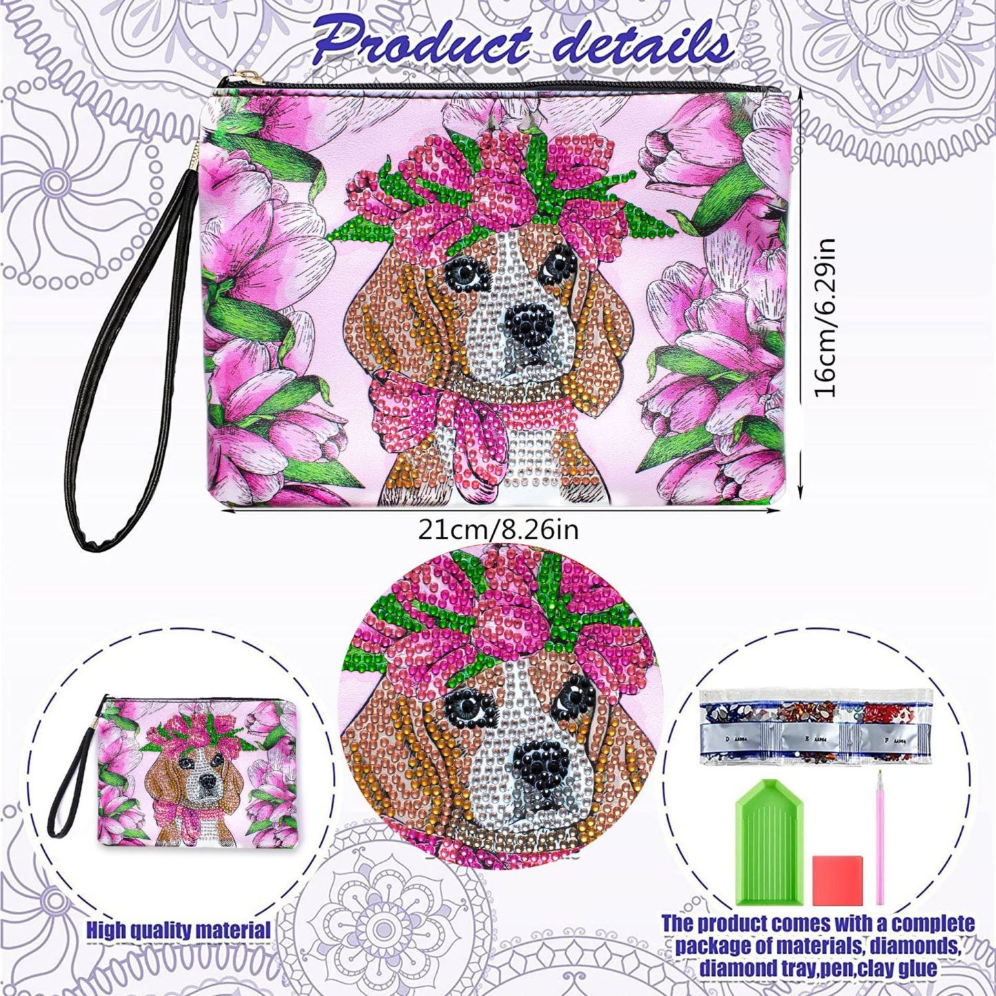 1 piece 5D DIY diamond painted handbag makeup bag, dog style handmade diamond art craft bag