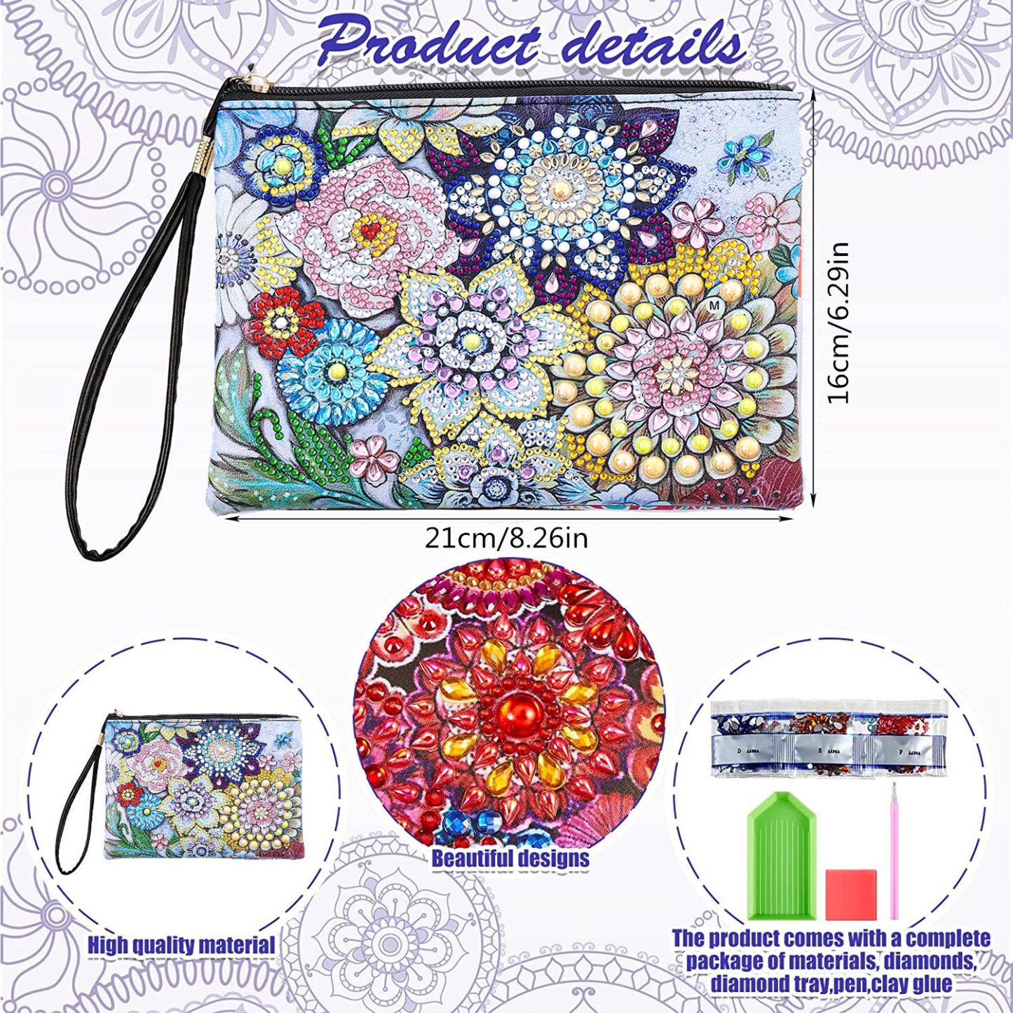 TEMU 5D DIY Diamond Painting Handbag Makeup Bag Flower Style Diamond Art Craft Bag